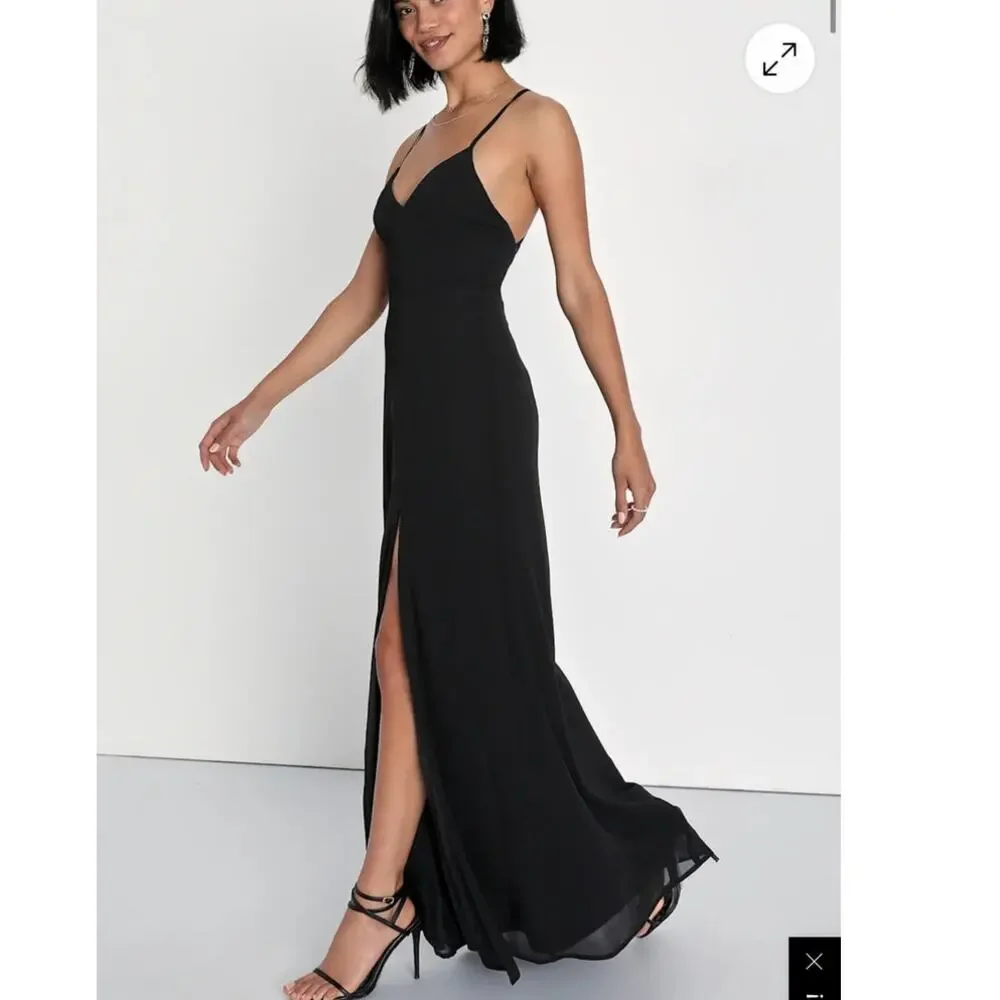 Lulus Classic Grace Spagetti Strap Front Split Maxi Dress Size XL Black - Picture 8 of 8